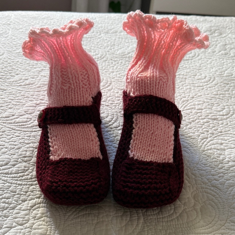 Hand-Knit Pink and Burgundy Baby Mary Jane Socks